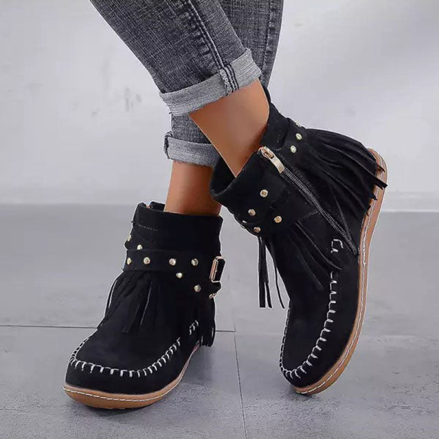Damenstiefel Mit Fransen Nieten Und Gürtelschnalle