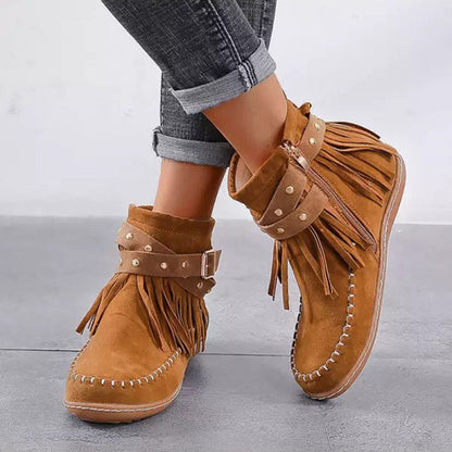 Damenstiefel Mit Fransen Nieten Und Gürtelschnalle