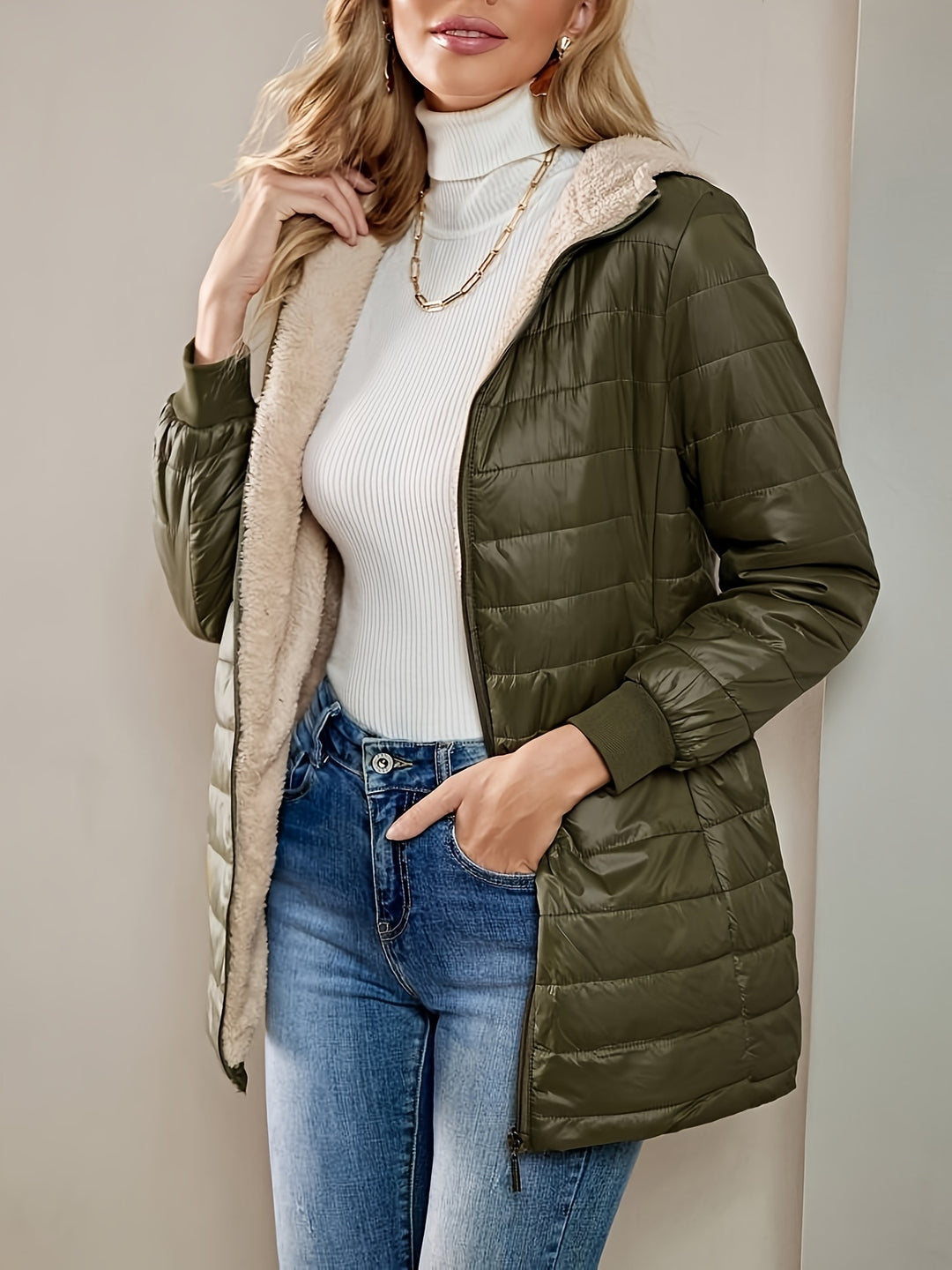 Women's midi quilted coat with fleece lining
