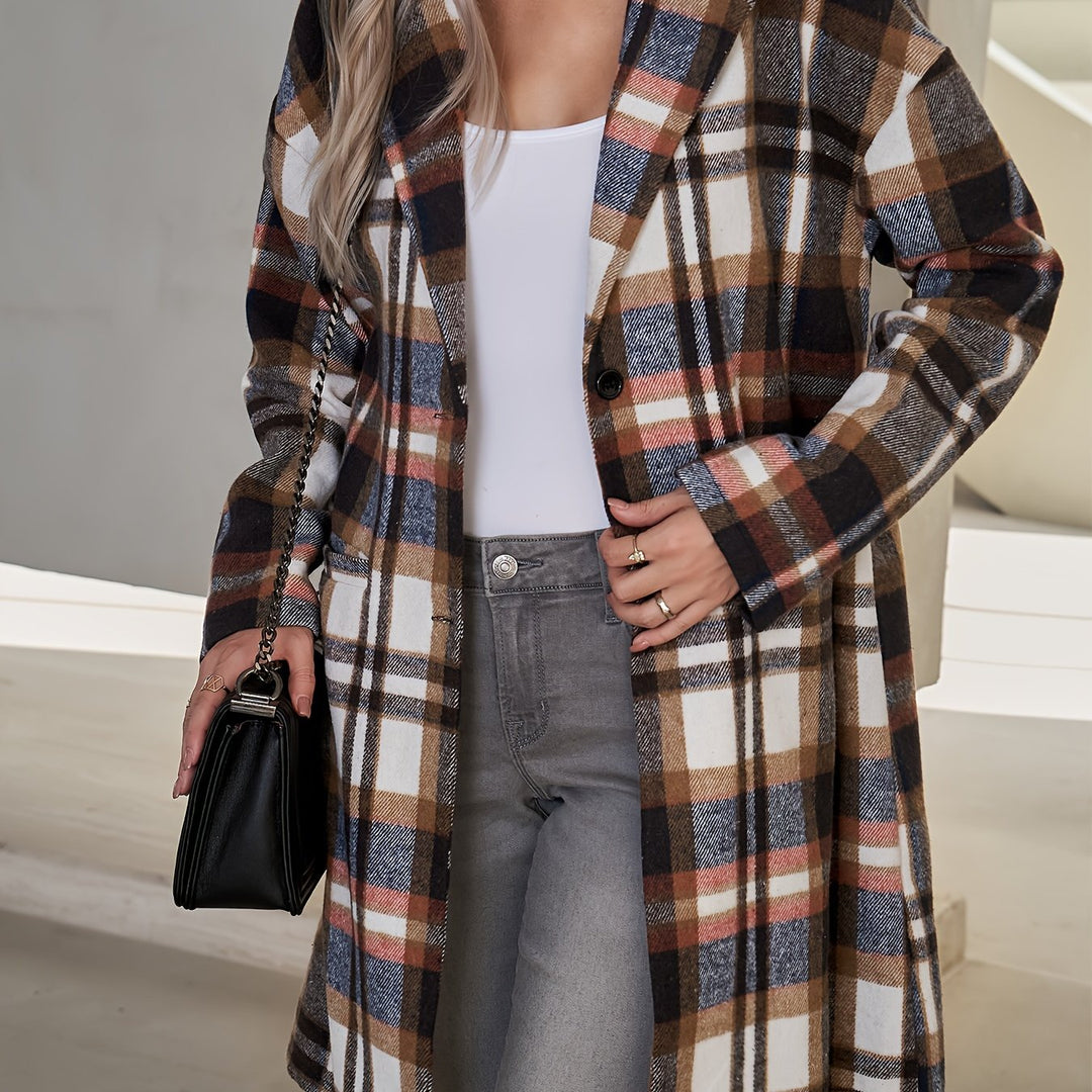 Checked long coat with button placket for women