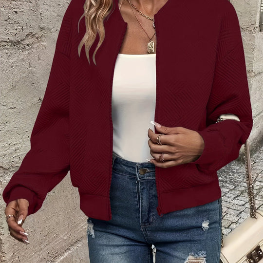 Lightweight transitional jacket with stand-up collar and zipper for women