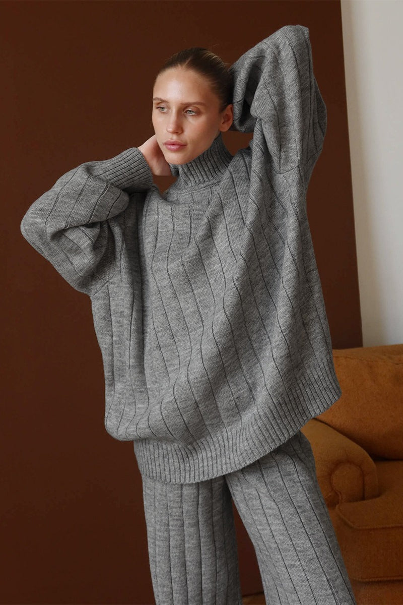 Damen Rippstrickset Mit Rollkragenpullover Und Weiter Hose