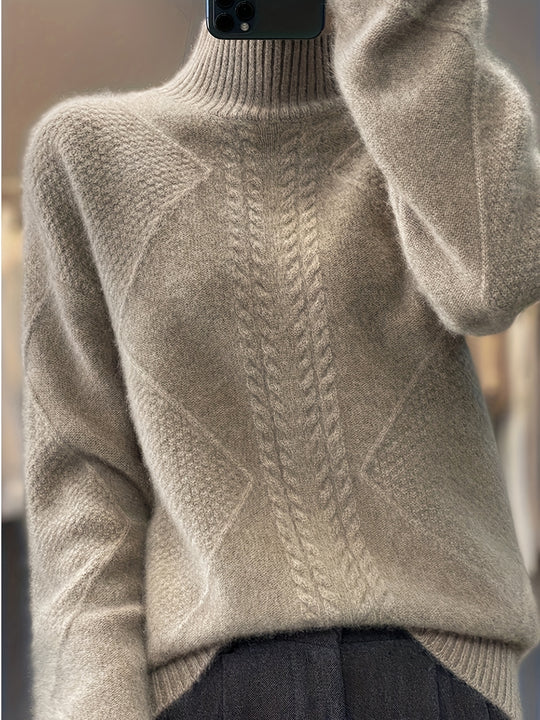 Women's knitted sweater with half stand-up collar and cable knit pattern 