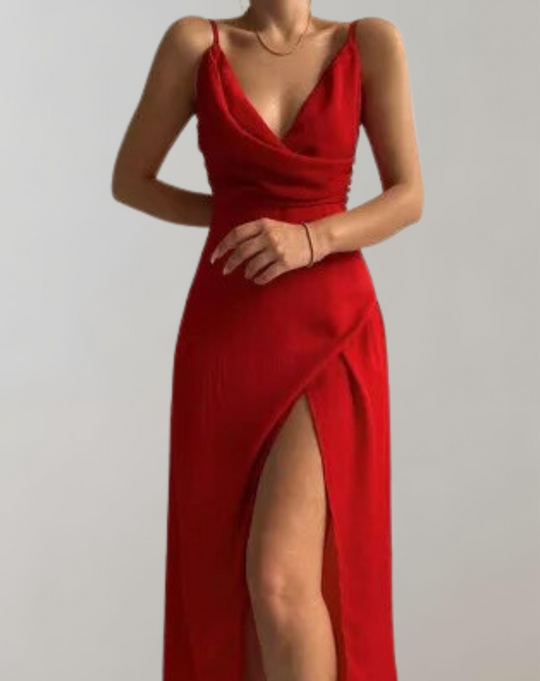 Women's evening dress with spaghetti straps and a high slit