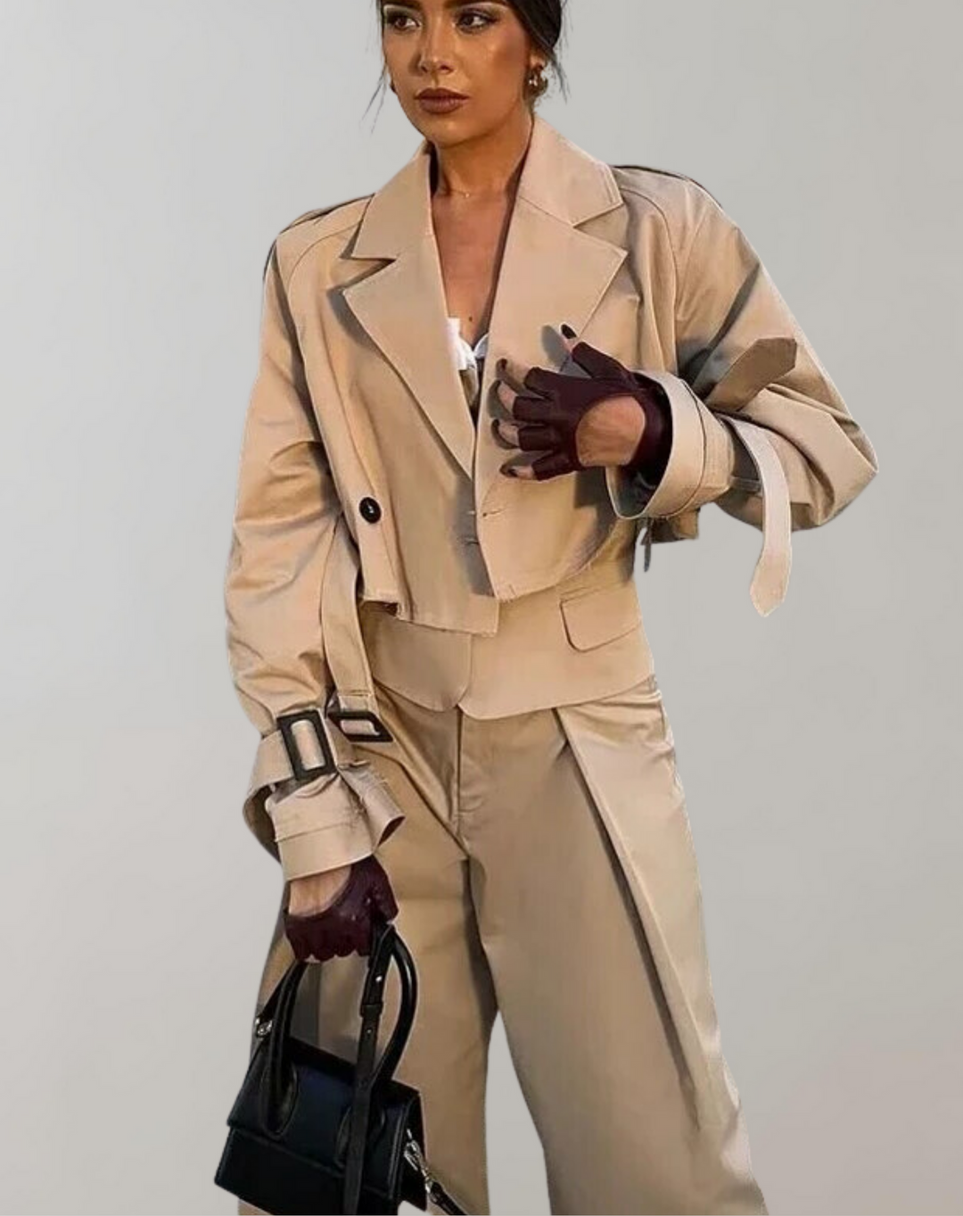 Women's Short Trench Coat with Belt and Long Sleeves 