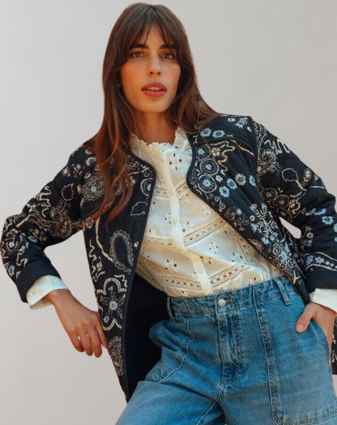 Women's quilted jacket with long flared sleeves and patchwork pattern