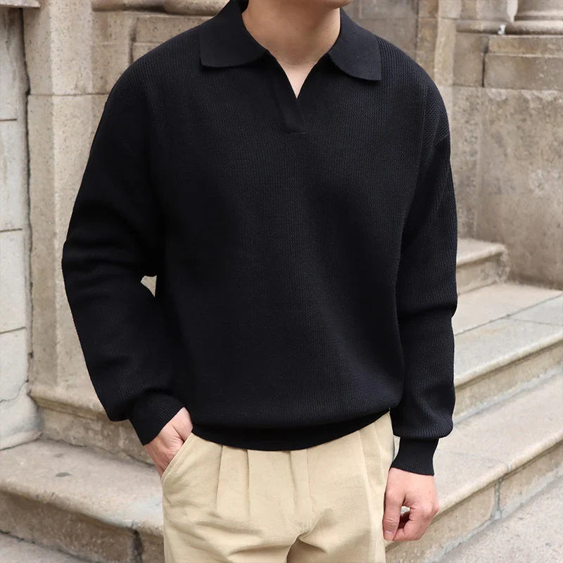Men's V-Neck Polo with Textured Knit 