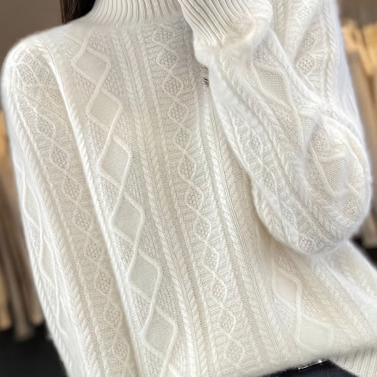 Cable knit sweater with stand-up collar for women