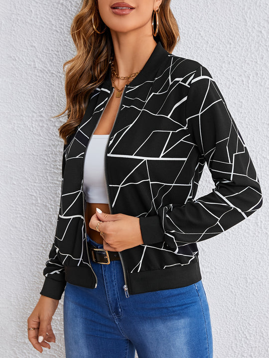 Geo Print Casual Jacket with Zipper for Women