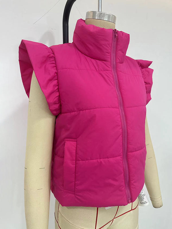 Women's quilted vest with ruffled sleeves and high collar