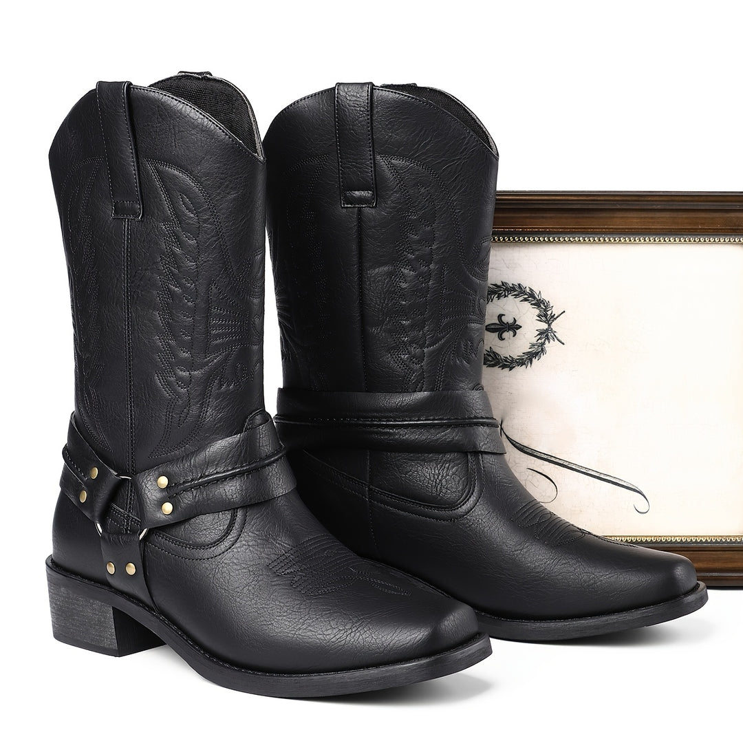 Western boots with decorative buckle and square toe for women 