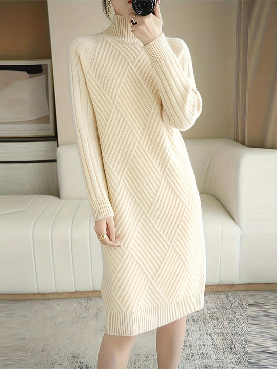 Women's knitted dress with stand-up collar and ribbed texture