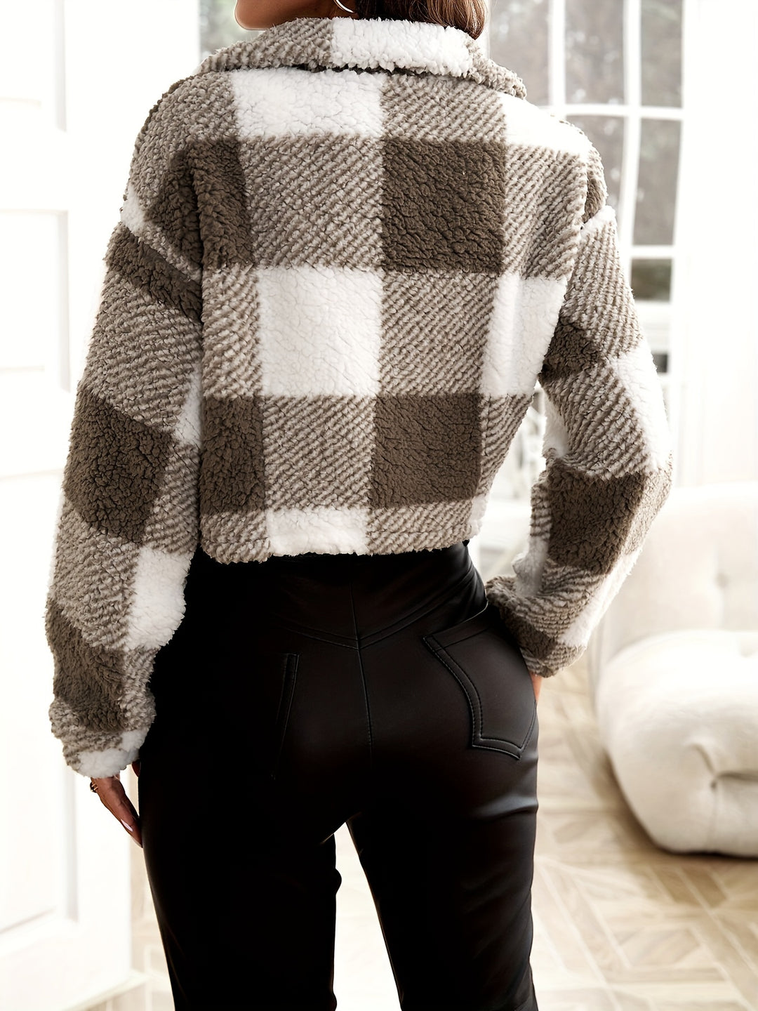 Checked teddy jacket with zipper for women
