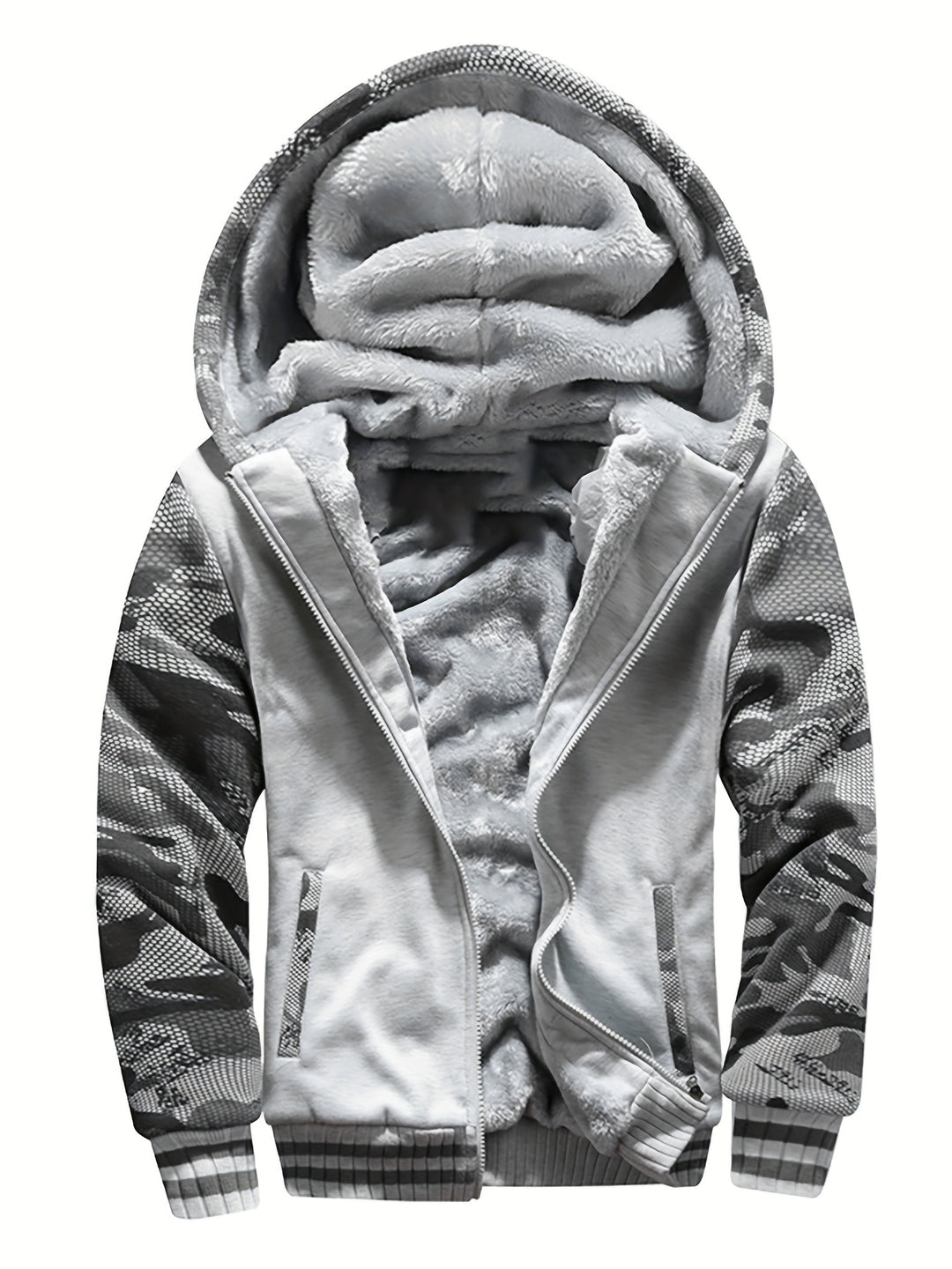 Warm camouflage fleece jacket with hood for men