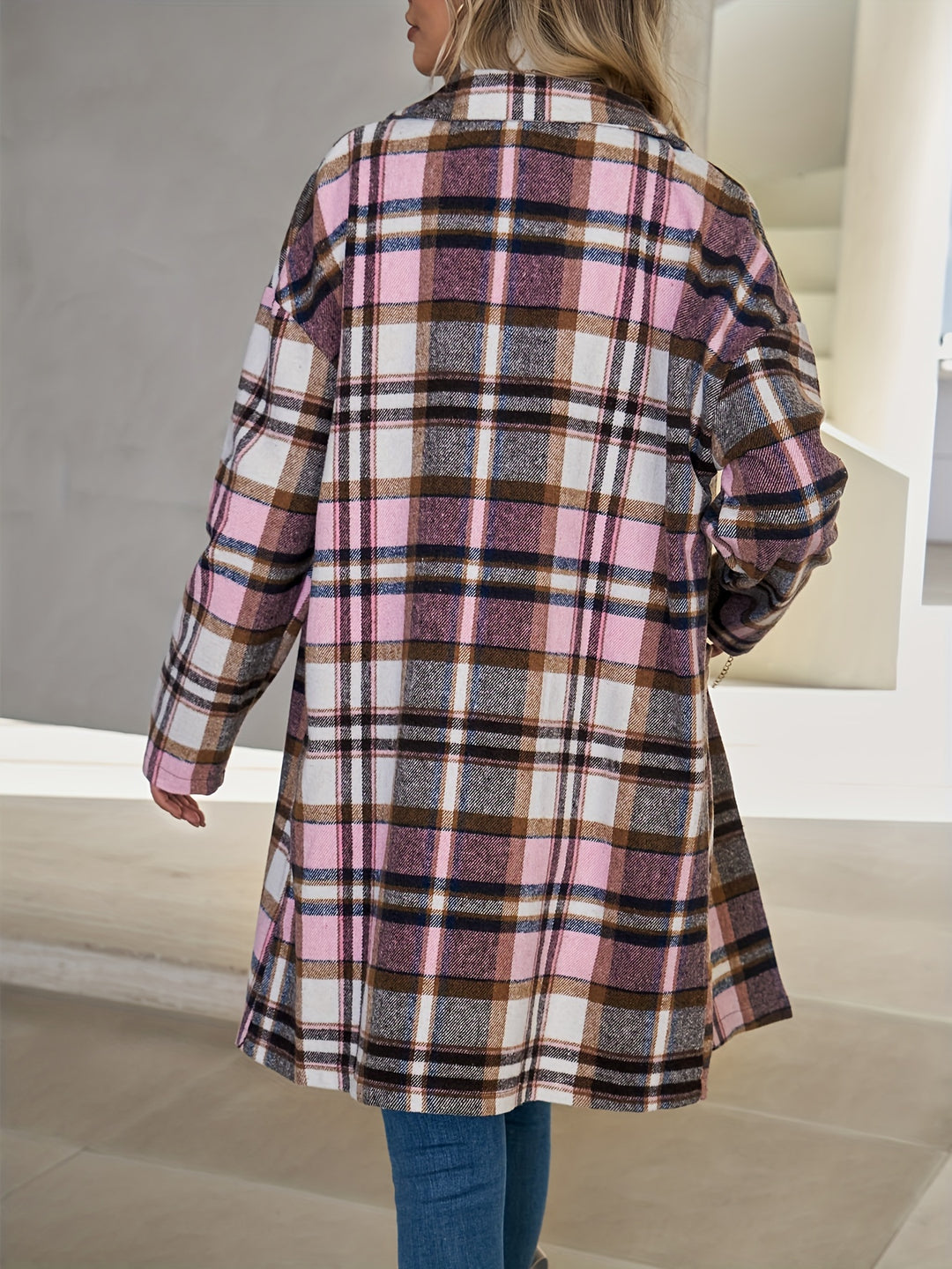 Checked long coat with button placket for women