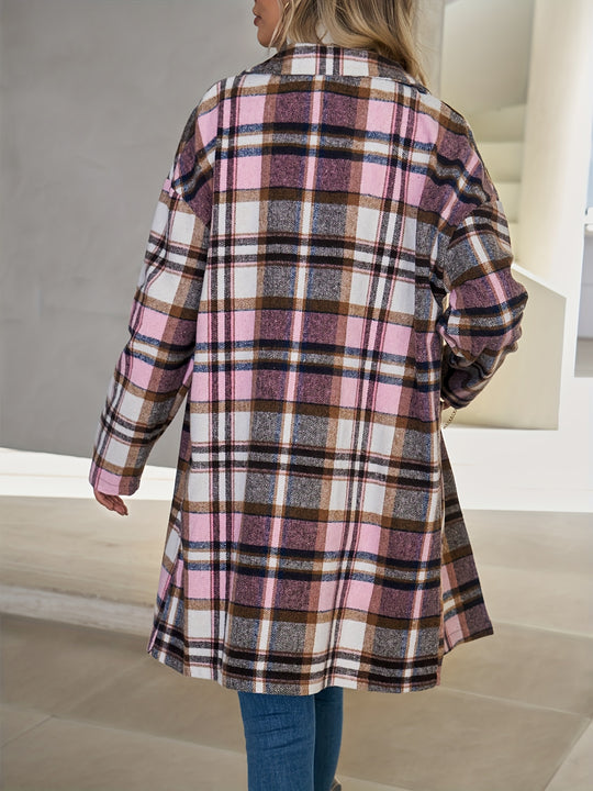 Checked long coat with button placket for women