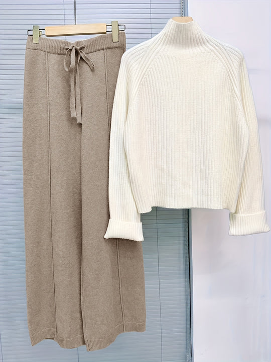 Two-piece knitwear set with turtleneck sweater and trousers for women