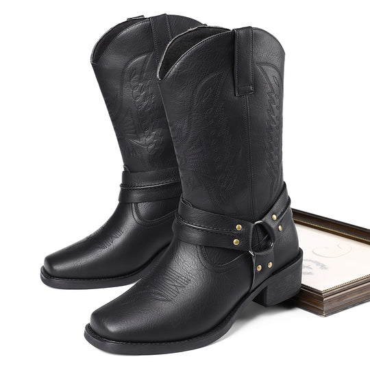 Western boots with decorative buckle and square toe for women 