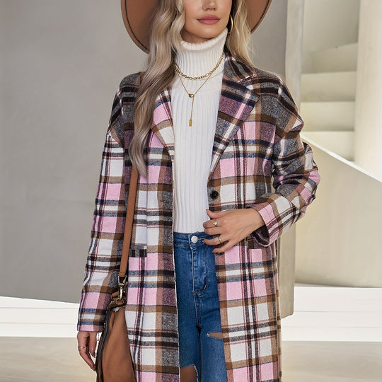 Checked long coat with button placket for women