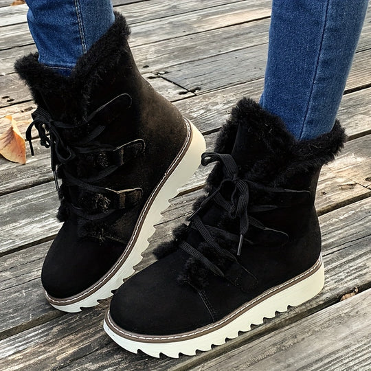 Lace-up boots with faux fur trim and platform sole for women