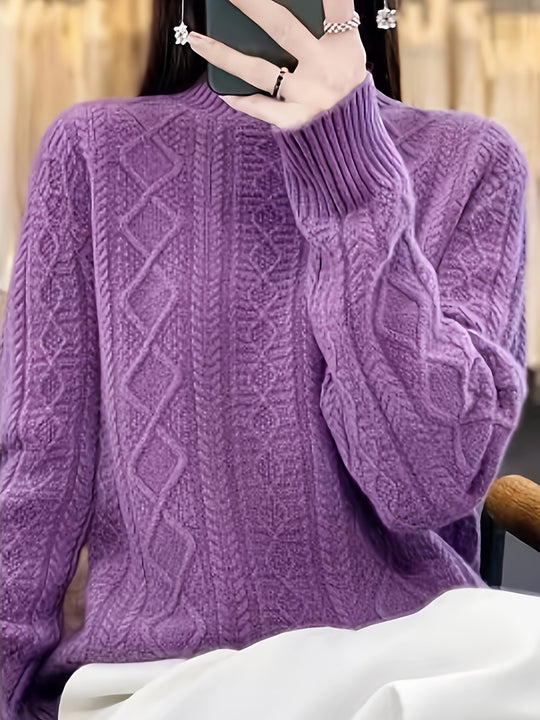 Cable knit sweater with stand-up collar for women