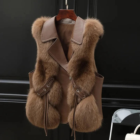 Women's vest with faux fur and tie belt