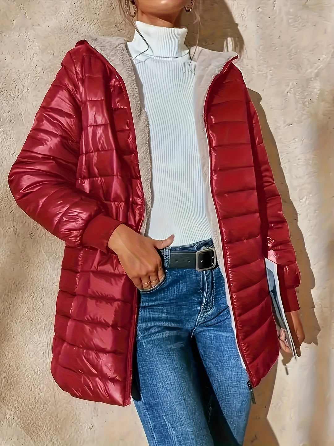 Women's midi quilted coat with fleece lining