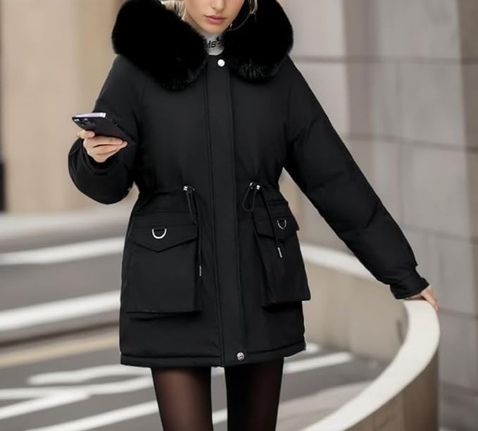 Women's Winter Jacket with Detachable Faux Fur and Hood