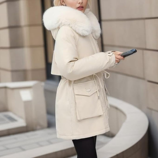 Women's Winter Jacket with Detachable Faux Fur and Hood