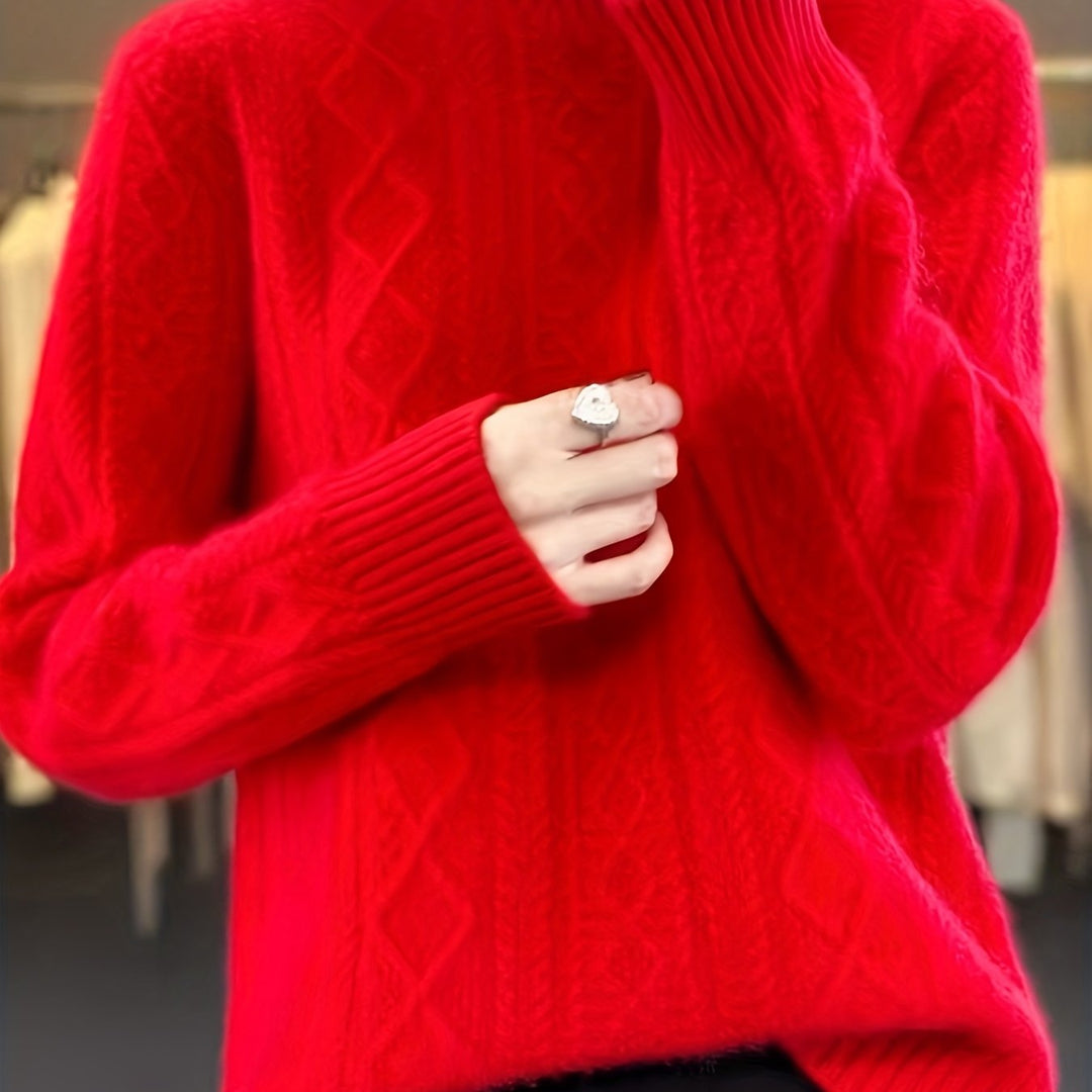 Cable knit sweater with stand-up collar for women