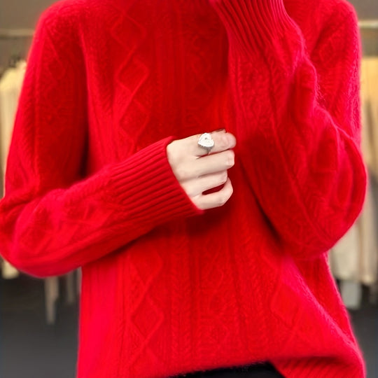 Cable knit sweater with stand-up collar for women