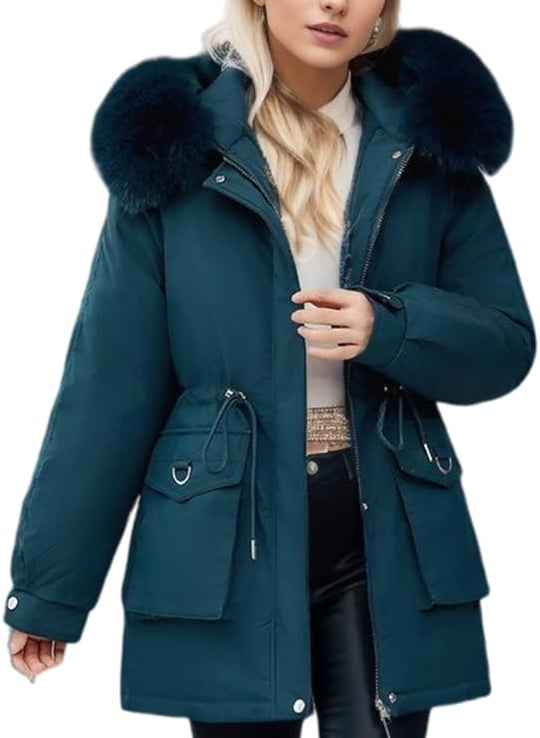 Women's Winter Jacket with Detachable Faux Fur and Hood
