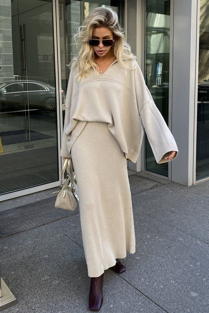 Damen Strickset Mit Polokragen Und Midirock