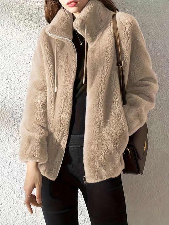 Teddy coat with zipper and drawstring for women