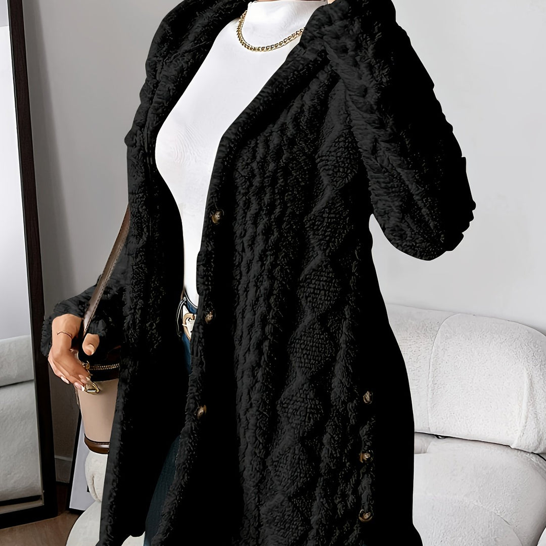 Jacquard knitted coat with hood and button placket for women