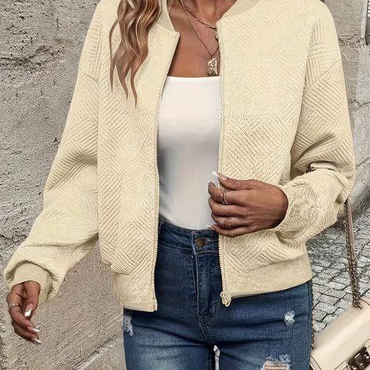 Lightweight transitional jacket with stand-up collar and zipper for women