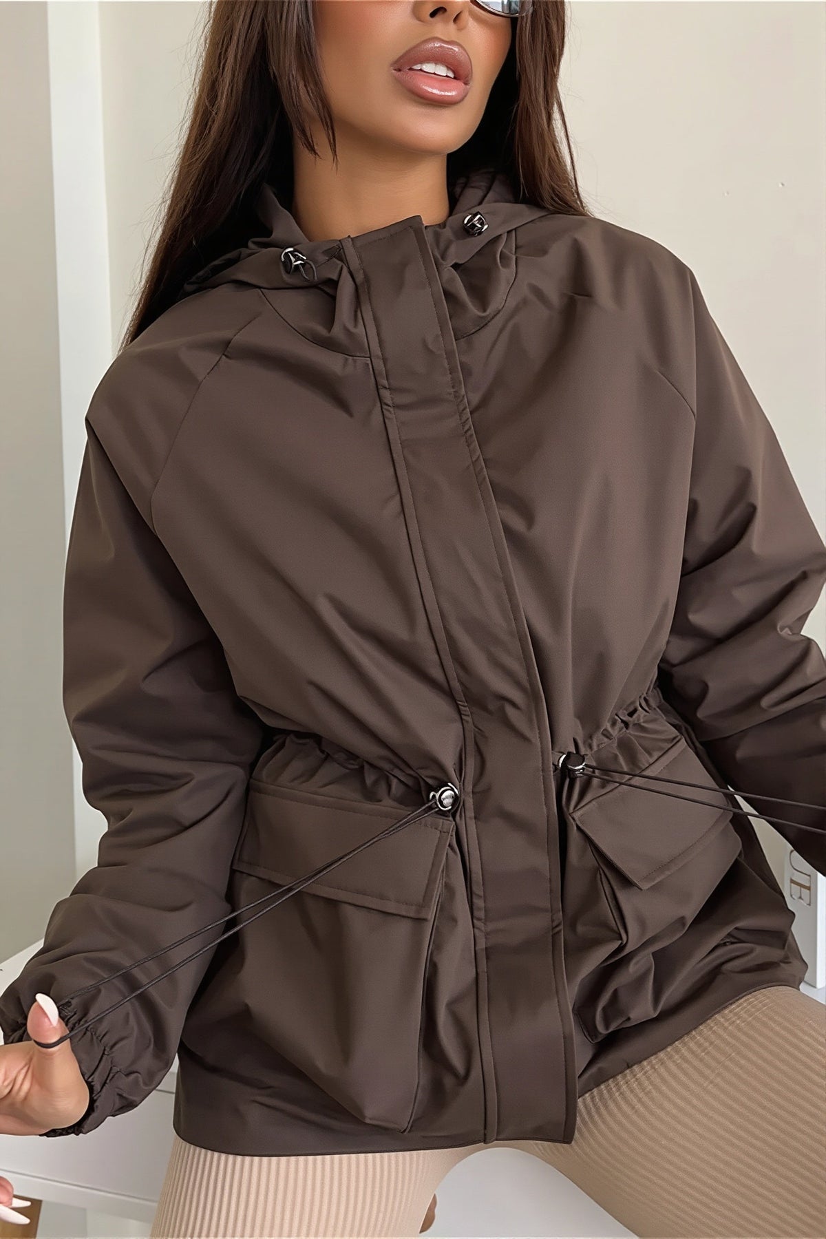 Damen-Utility-Jacke mit Kapuze und verstellbarem Tunnelzug