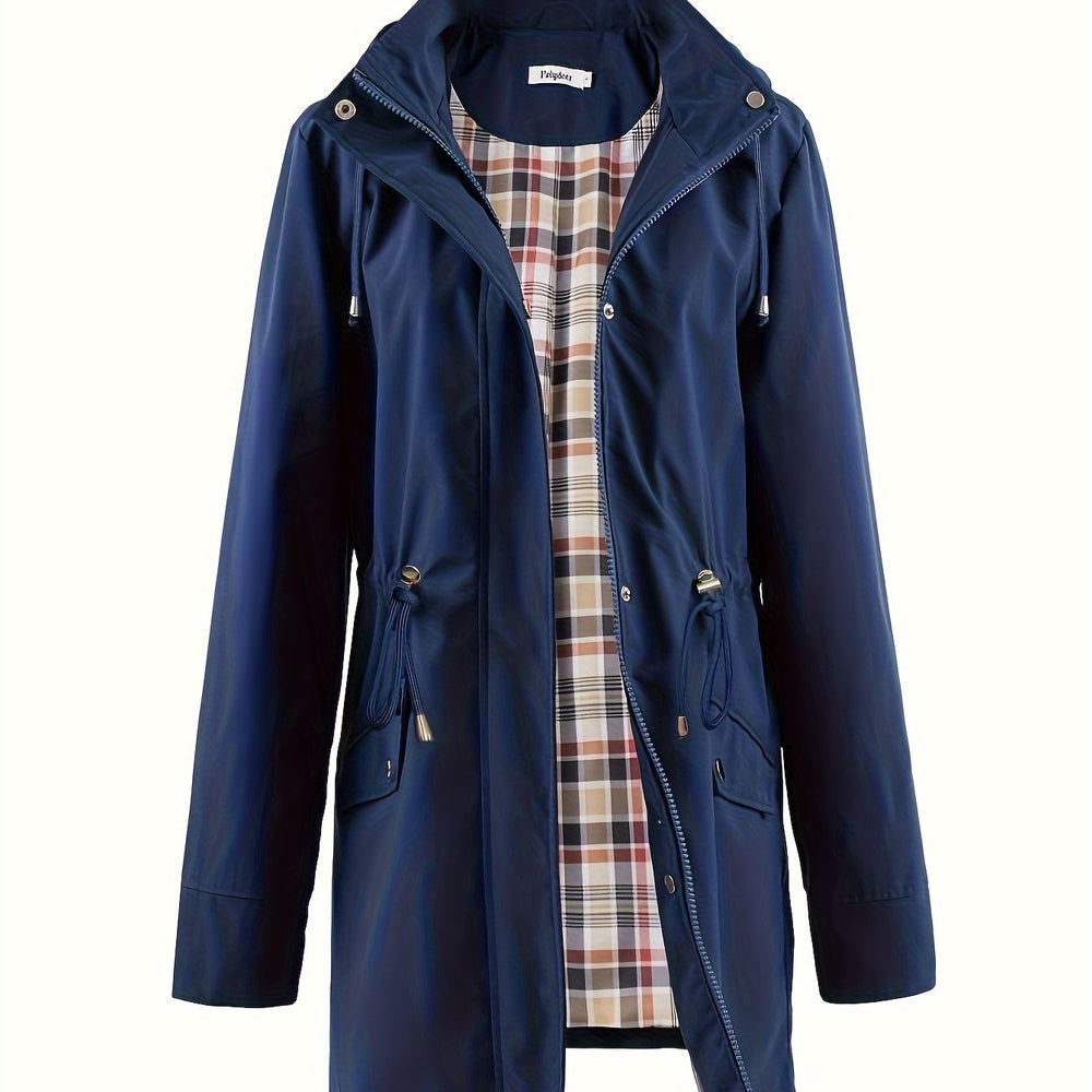 Women's trench coat with hood, zipper and drawstring waist