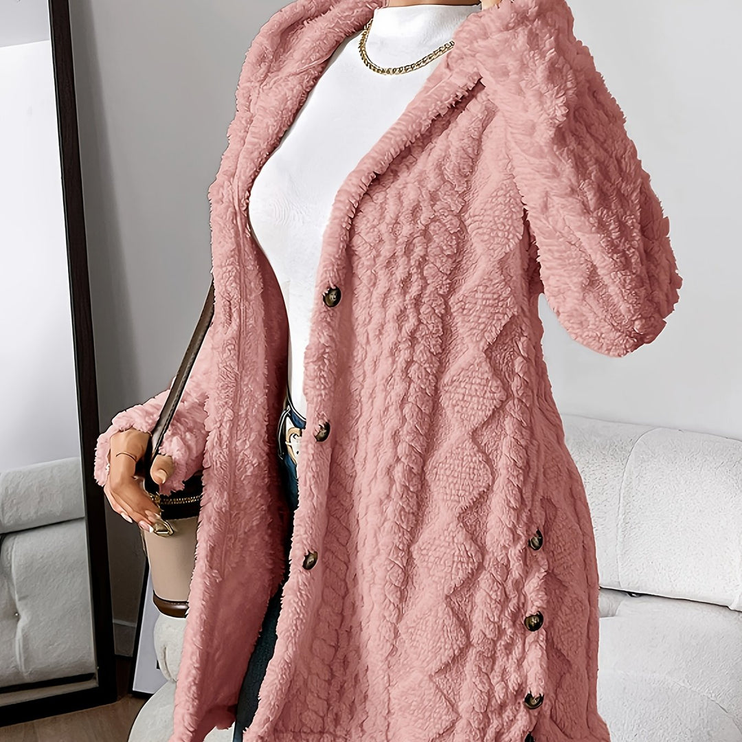 Jacquard knitted coat with hood and button placket for women