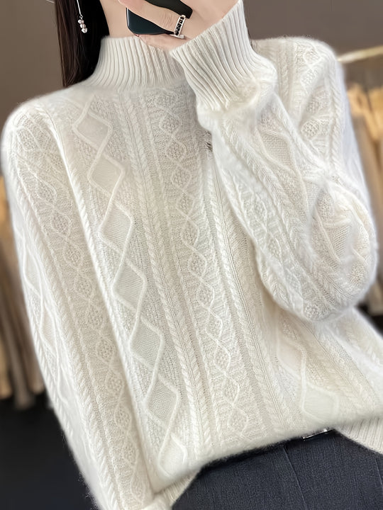 Cable knit sweater with stand-up collar for women