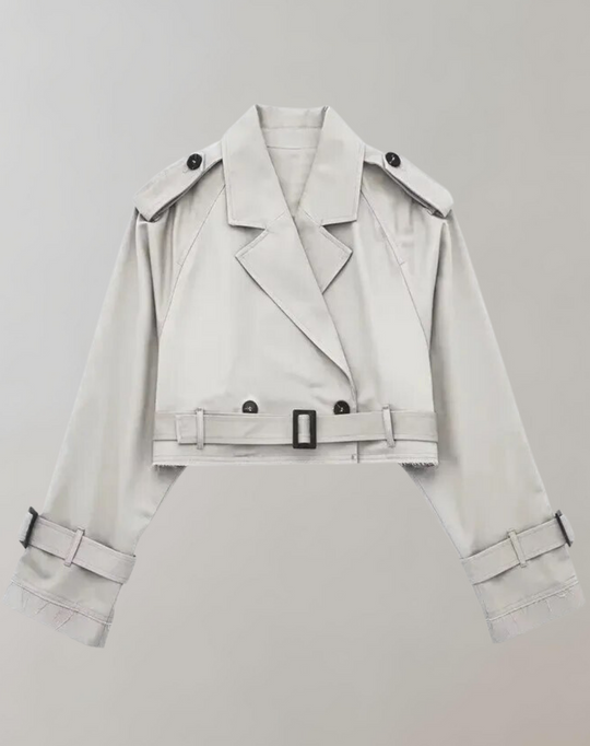 Women's Short Trench Coat with Belt and Long Sleeves 