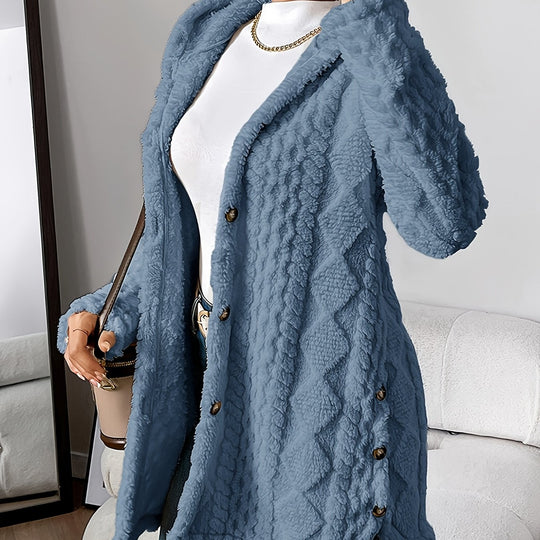 Jacquard knitted coat with hood and button placket for women