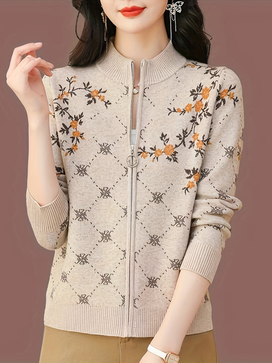 Jacquard cardigan with zipper and stand-up collar for women