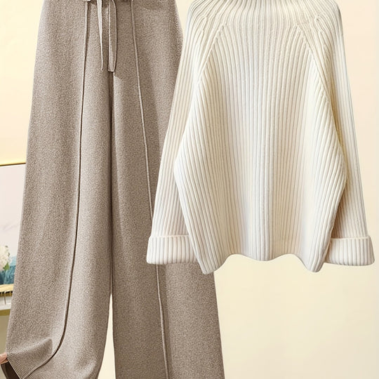 Two-piece knitwear set with turtleneck sweater and trousers for women