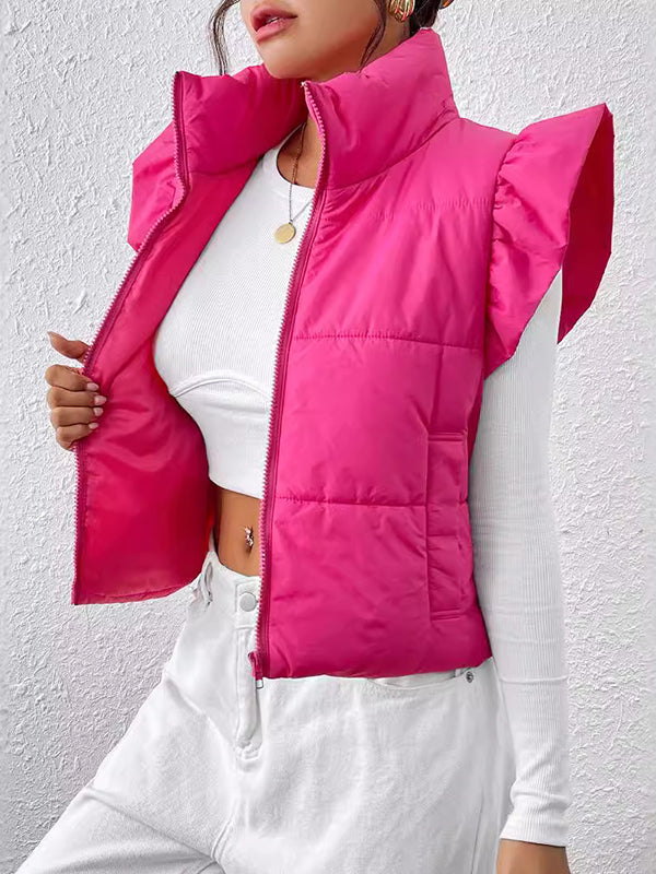 Women's quilted vest with ruffled sleeves and high collar