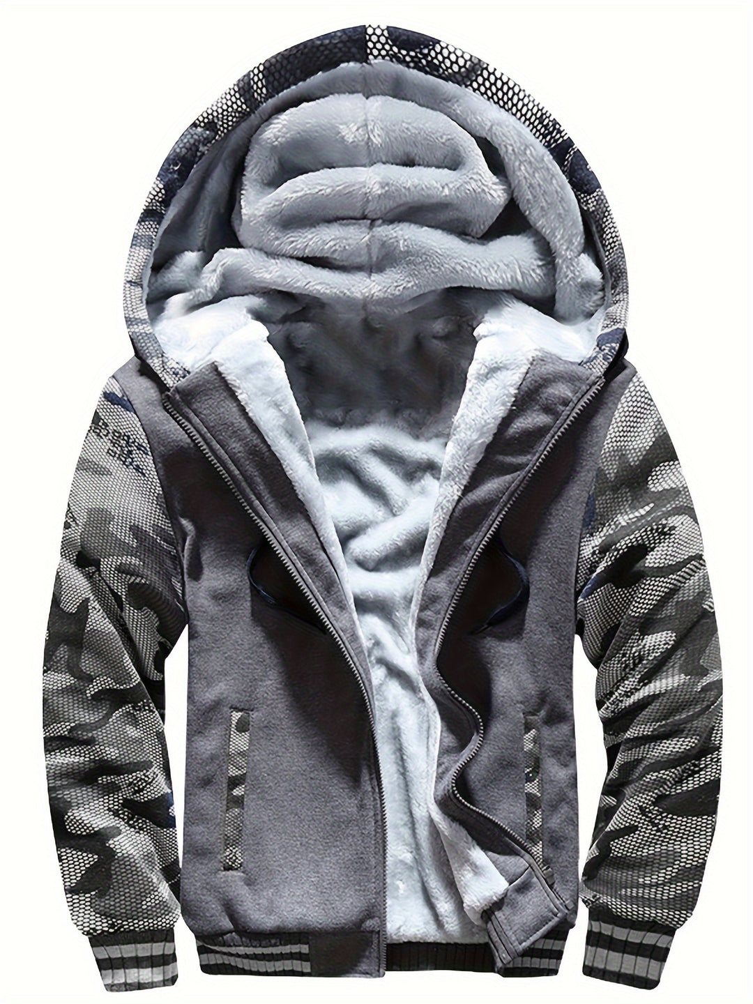 Warm camouflage fleece jacket with hood for men