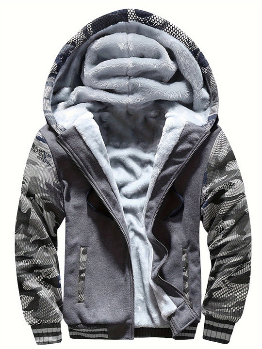 Warm camouflage fleece jacket with hood for men