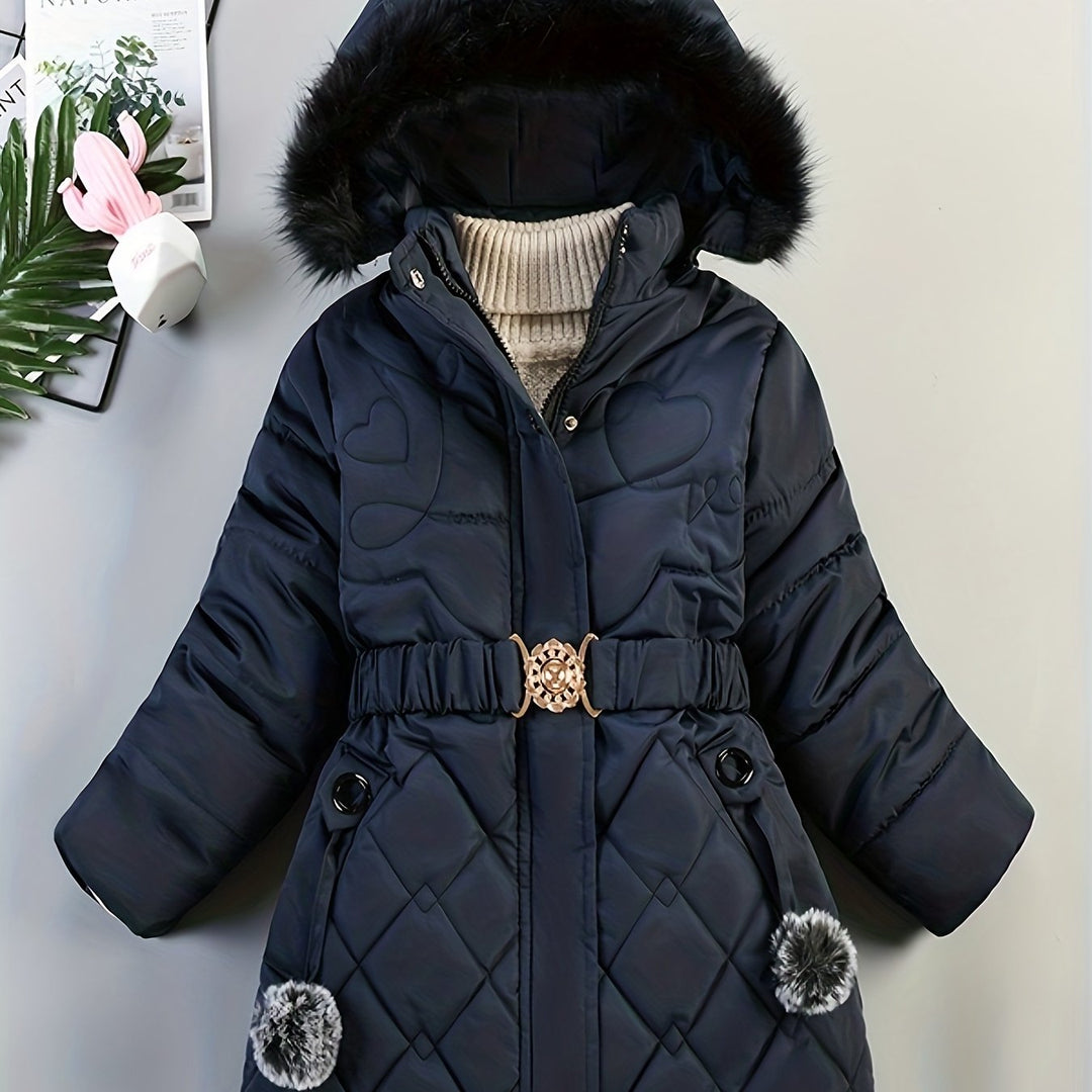 Quilted winter jacket with hood and belt for women