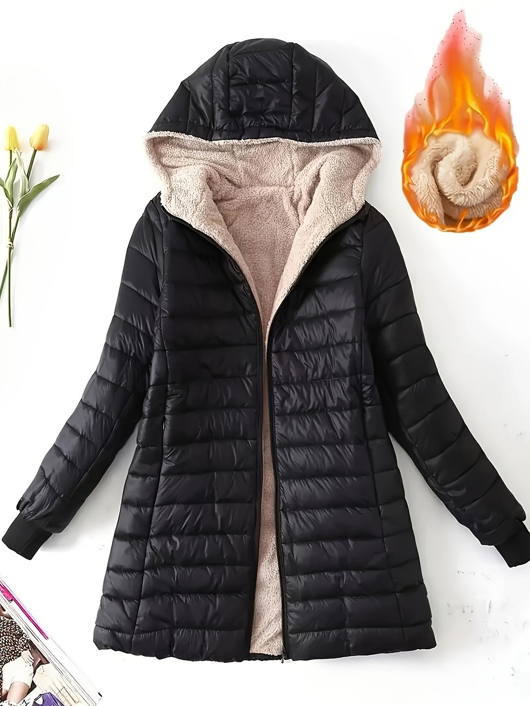 Quilted jacket with hood and zipper for women