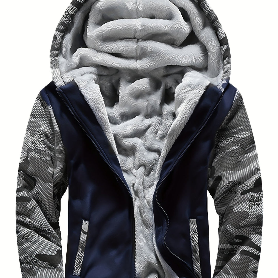 Warm camouflage fleece jacket with hood for men